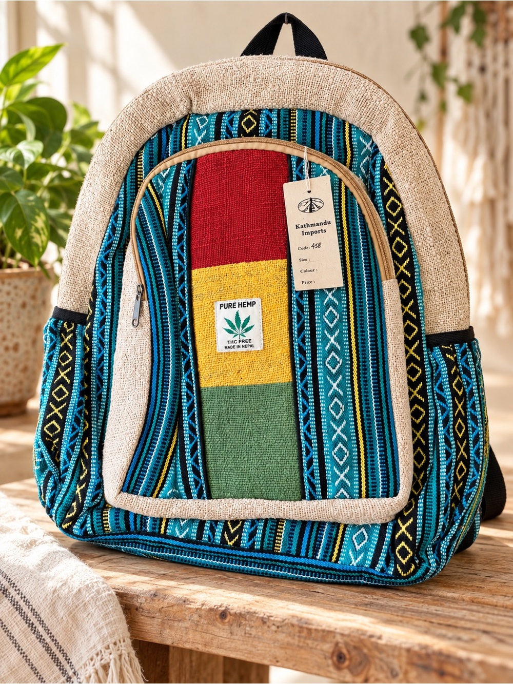 Kathmandu Imports Hemp Backpack – Boho Multicolor Woven Stripe